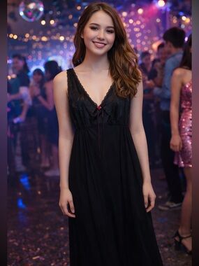 VTG Satin Slip Dress Maxi Sleeveless Black Red Rosette Made in USA NWOT Sz M